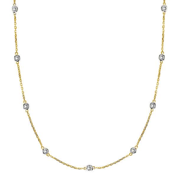 Diamonds by The Yard Bezel-Set Necklace in 14k Two Tone: Diamonds by The Yard Bezel-Set Necklace in 14k Two Tone Gold 1.00ctw **|**|** CENTER STONE; Diamond CENTER STONE CLARITY; SI1-SI2 CENTER STONE COLOR; J-K CENTER STONE SETTING; Bezel SIDE STONE CLARITY