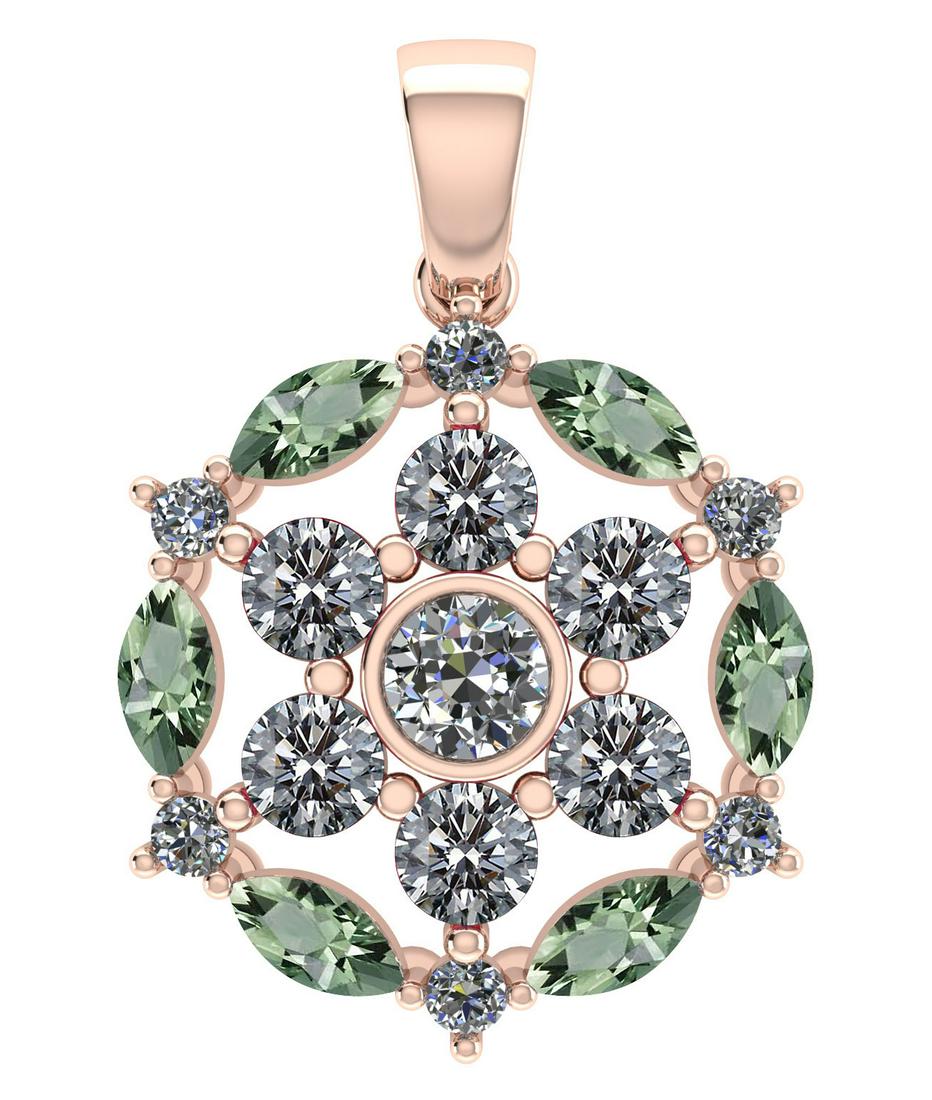 Certified 1.30 CTW Genuine Green Amethyst And Diamond 1: Certified 1.30 CTW Genuine Green Amethyst And Diamond 14K .R Gold Pendant **|**|** Diamond Weight (13pcs) 1.00 CTWRound Center Stone Clarity:SI1-SI2 Center Stone Color: White Diamond Stone Setting ;Be