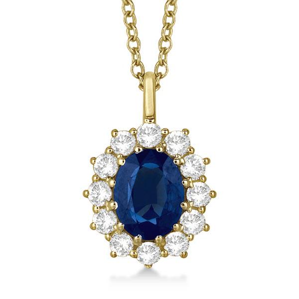 Oval Blue Sapphire and Diamond Pendant Necklace 14k Yel: Oval Blue Sapphire and Diamond Pendant Necklace 14k Yellow Gold 3.60ctw **|**|** CENTER STONE; Sapphire CENTER STONE CLARITY; Eye Clean #SI CENTER STONE COLOR; Blue CENTER STONE SETTING; Prong SIDE ST