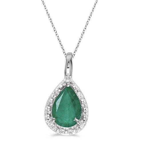 Pear Shaped Emerald Pendant Necklace 14k White Gold 0.7: Pear Shaped Emerald Pendant Necklace 14k White Gold 0.70ctw **|**|** CENTER STONE; Emerald CENTER STONE CLARITY; CENTER STONE COLOR; CENTER STONE SETTING; Prong SIDE STONE CLARITY; SIDE STONE COLOR; S