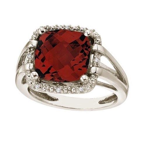 Cushion-Cut Garnet and Diamond Cocktail Ring 14k White: Cushion-Cut Garnet and Diamond Cocktail Ring 14k White Gold 8.05ctwtw **|**|** CENTER STONE; Garnet CENTER STONE CLARITY; CENTER STONE COLOR; CENTER STONE SETTING; Prong SIDE STONE CLARITY; SI SIDE ST