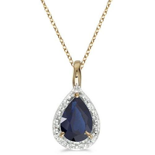 Pear Shaped Blue Sapphire Pendant Necklace 14k Yellow G: Pear Shaped Blue Sapphire Pendant Necklace 14k Yellow Gold 0.85ctw -- CENTER STONE; Blue Sapphire CENTER STONE CLARITY; CENTER STONE COLOR; CENTER STONE SETTING; Prong SIDE STONE CLARITY; SIDE STONE C