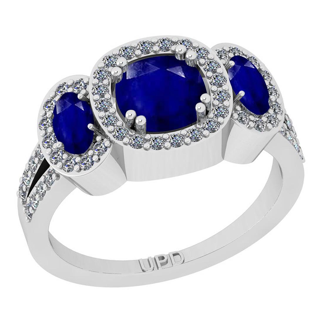 2.43 Ctw SI2/I1 Blue Sapphire And Diamond 14K White Gol: 2.43 Ctw SI2/I1 Blue Sapphire And Diamond 14K White Gold three Stone Engagement Ring -- Center Stone Weight : 2.00 Ctw (Cushion & Oval) Center Stone Color :-Blue Sapphire Stone Setting : Prong Side St