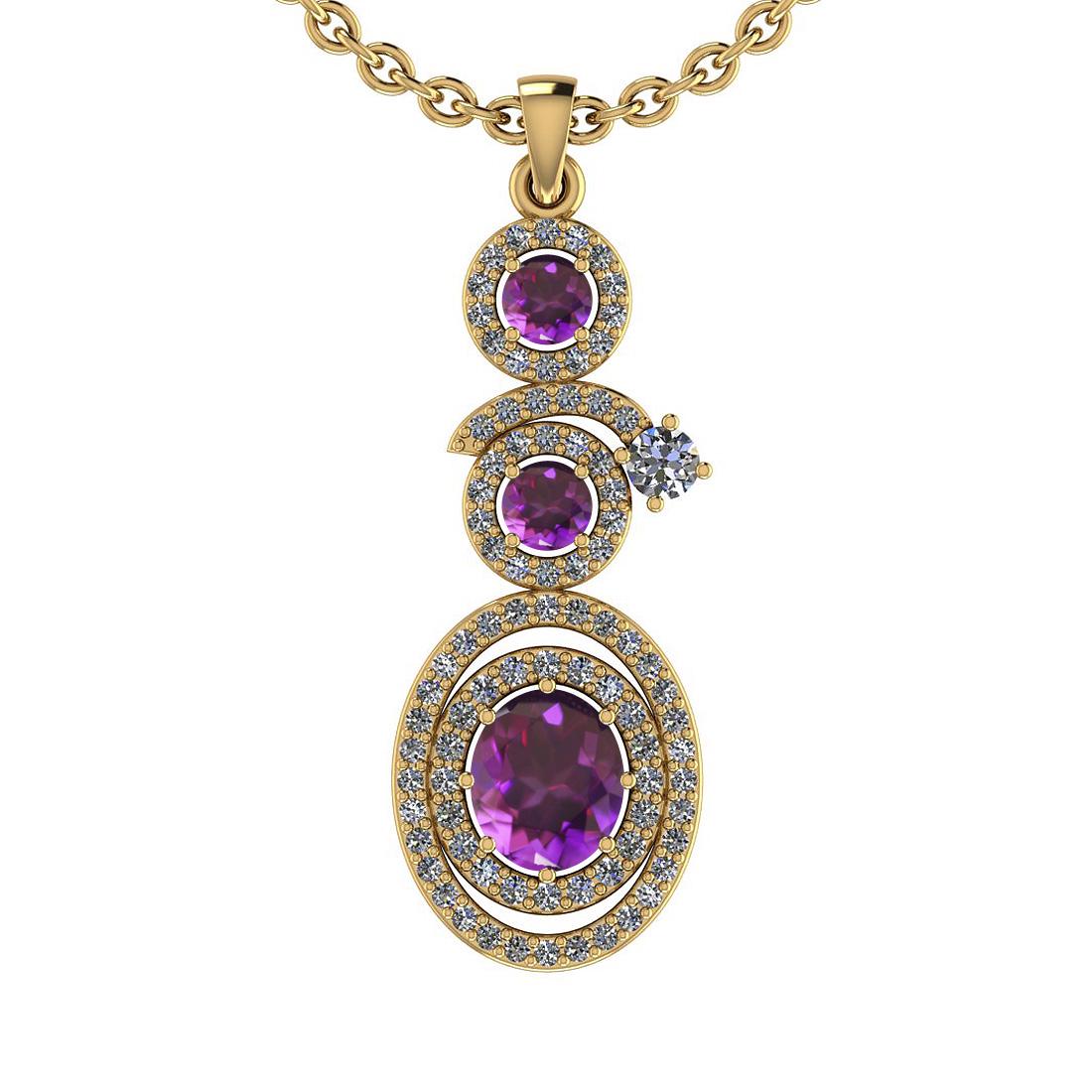 1.45 Ctw I2/I3 Amethyst And Diamond 10K Yellow Gold Hal: 1.45 Ctw I2/I3 Amethyst And Diamond 10K Yellow Gold Halo Pendant -- Color Stone Weight : 0.95 Ctw (Oval Cut ) Center Stone Color : Amethyst Center Stone Setting : Prong Side Stone Weight Of Ctw 0.50 C