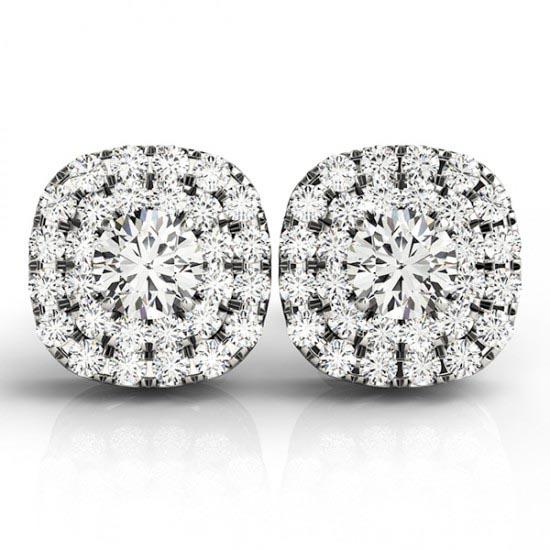 Round Cut Double Cushion Halo Stud Earrings 14k White G: Round Cut Double Cushion Halo Stud Earrings 14k White Gold 1.50ctw -- CENTER STONE; Diamond CENTER STONE CLARITY; SI1-SI2 CENTER STONE COLOR; J-K CENTER STONE SETTING; Prong SIDE STONE CLARITY; SI1-SI