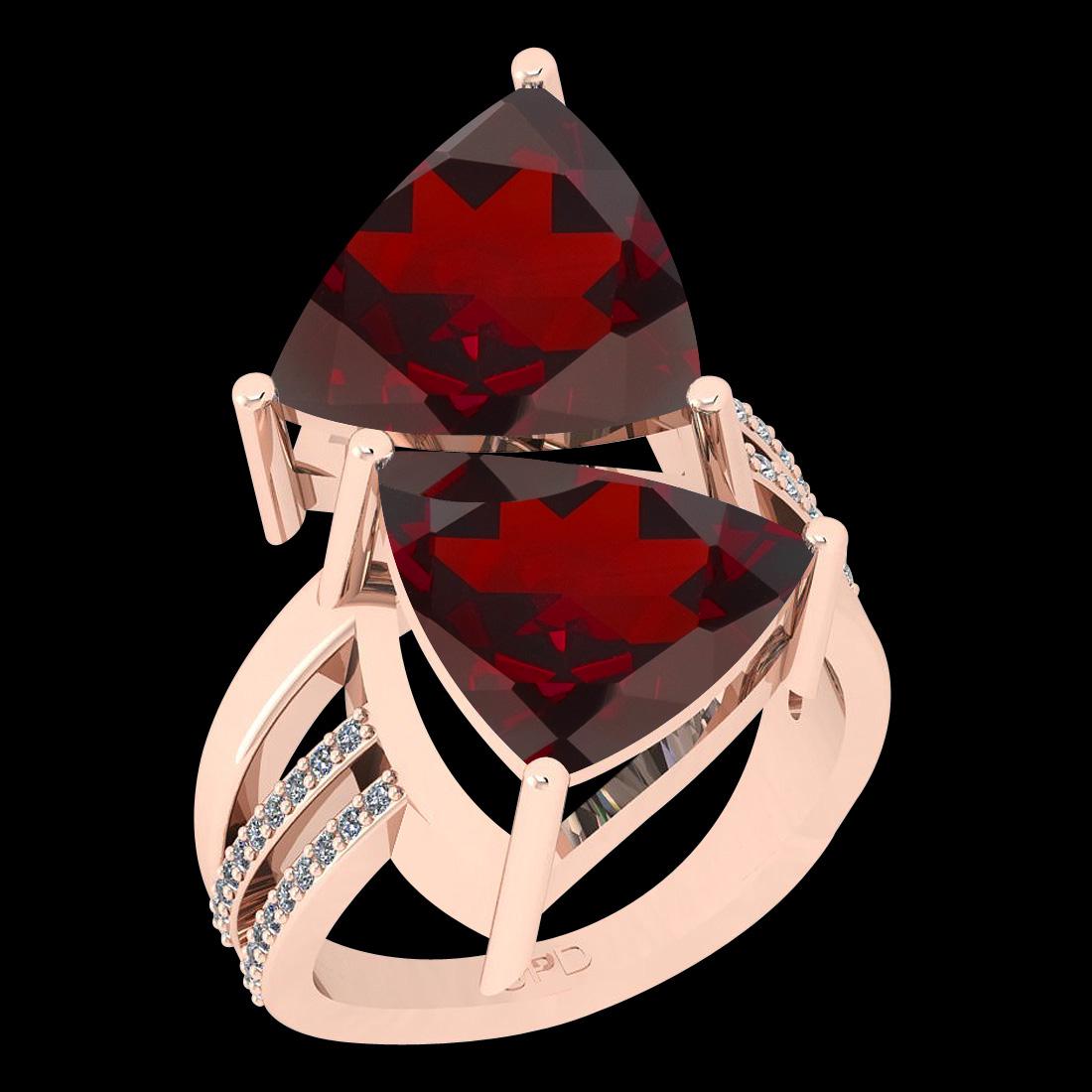 Certified 4.46 Ctw I2/I3 Garnet And Diamond 10K Rose Go: Certified 4.46 Ctw I2/I3 Garnet And Diamond 10K Rose Gold Two Stone Ring -- Center Stone Approx Weight: 4.26 Ctw (Trillion Cut) Center Stone Color: Garnet Center Stone Setting: Prong Side Stone 0.20 C