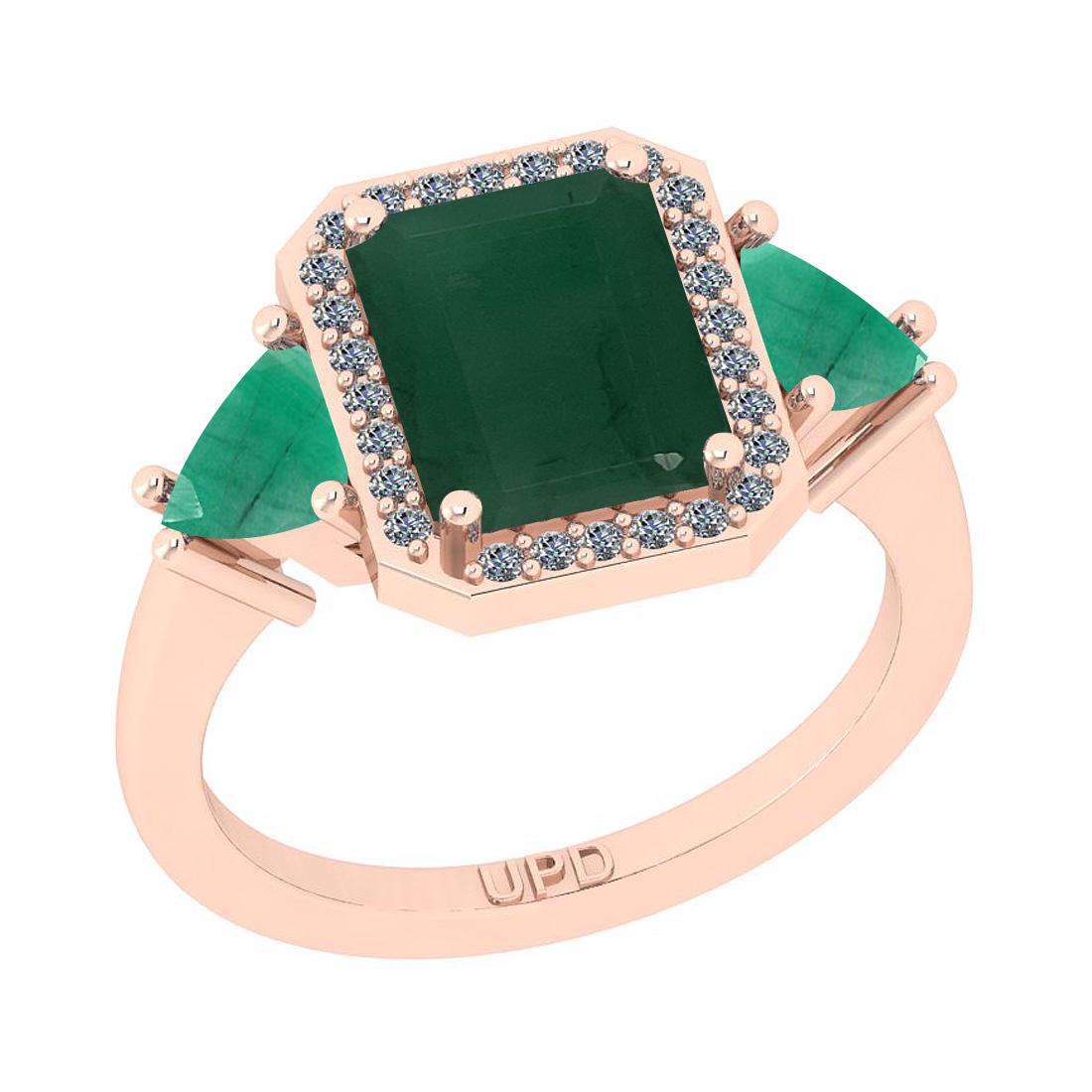 3.49 Ctw SI2/I1 Emerald And Diamond 14K Rose Gold Ring: 3.49 Ctw SI2/I1 Emerald And Diamond 14K Rose Gold Ring -- Center Stone Weight : 3.33 Ctw ( Emerald & Trilloin Cut) Center Stone Color :-Emerald Stone Setting : Prong Side Stone Weight Of Ctw 0.16 Ctw 