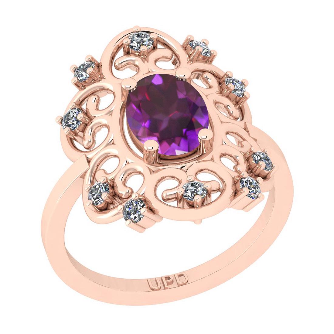 1.10 Ctw I2/I3 Amethyst And Diamond 10K Rose Gold Ring: 1.10 Ctw I2/I3 Amethyst And Diamond 10K Rose Gold Ring -- Color Stone Weight : 0.75 Ctw (Oval Cut ) Center Stone Color : Amethyst Center Stone Setting : Prong Side Stone Weight Of Ctw 0.35 Ctw Side St