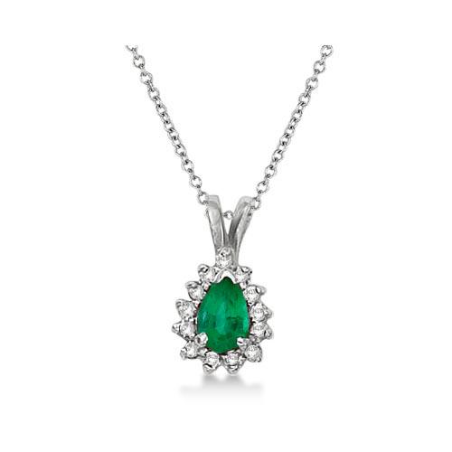 Pear Emerald and Diamond Pendant Necklace 14k White Gol: Pear Emerald and Diamond Pendant Necklace 14k White Gold 0.70ctw -- CENTER STONE; Emerald CENTER STONE CLARITY; CENTER STONE COLOR; Green CENTER STONE SETTING; Prong SIDE STONE CLARITY; SI SIDE STONE 