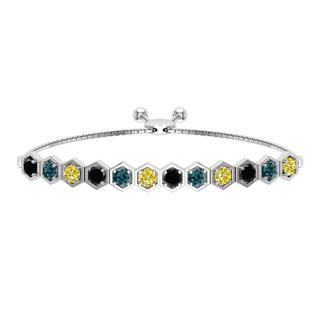 1.23 Ctw I2/I3 Multi Diamond14K White Gold Slide Bracel: 1.23 Ctw I2/I3 Multi Diamond14K White Gold Slide Bracelet -- Center Diamond Weight : 1.23 Ctw (Round Cut) Center Diamond Color :- Treated Fancy Blue black yellow diamond Center Clarity : I2/I3 Stone S