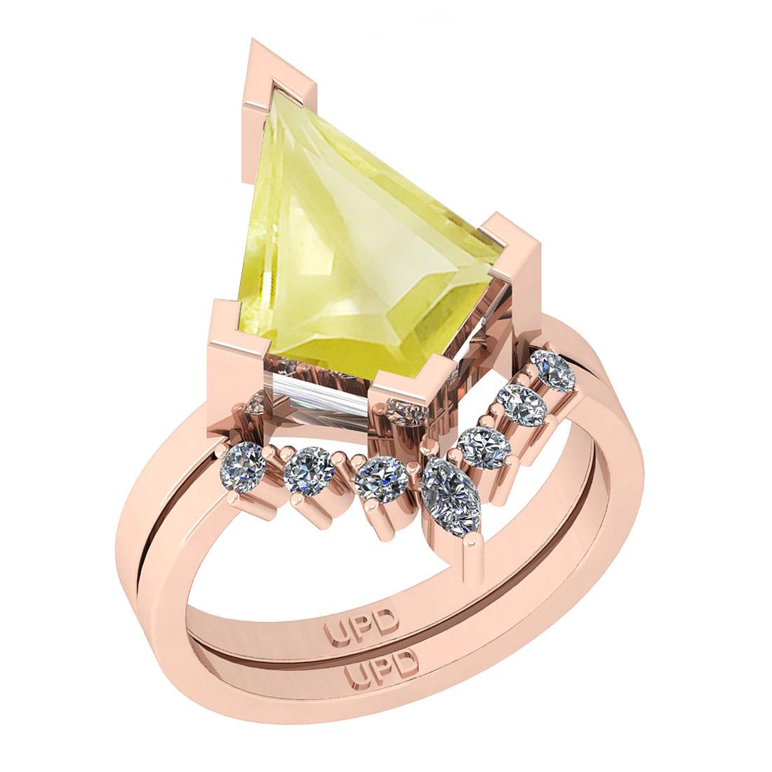 3.96 Ctw I2/I3 Lemon Topaz And Diamond 10K Rose Gold Ri: 3.96 Ctw I2/I3 Lemon Topaz And Diamond 10K Rose Gold Ring -- Color Stone Weight : 3.65 Ctw (kite Fancy Shape ) Center Stone Color : Lemon Topaz Center Stone Setting : Prong Side Stone Weight Of Ctw 0.