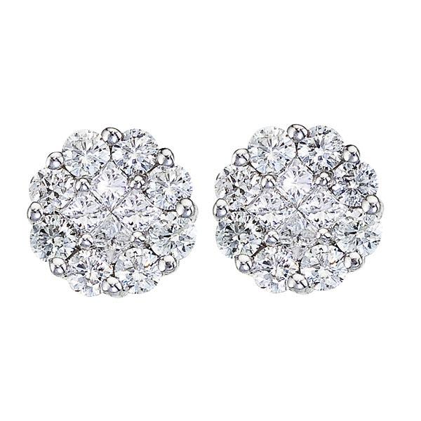 Diamond Clusters Flower Stud Earrings in 14k White Gold: Diamond Clusters Flower Stud Earrings in 14k White Gold 1.50 ctw -- CENTER STONE; Diamond CENTER STONE CLARITY; SI CENTER STONE COLOR; J-K CENTER STONE SETTING; Invisible SIDE STONE CLARITY; SI SIDE S