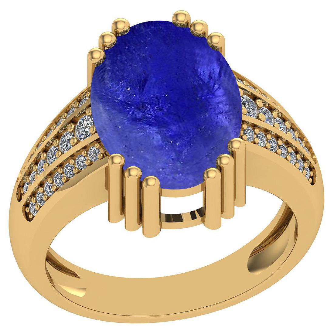 8.24 Ctw SI2/I1 Tanzanite And Diamond 14K Yellow Gold V: 8.24 Ctw SI2/I1 Tanzanite And Diamond 14K Yellow Gold Vintage Style Ring -- Color Stone Weight : 7.90 Ctw ( Oval Cab ) Center Stone Color :-Tanzanite Center Stone Setting : Prong Side Stone Weight Of