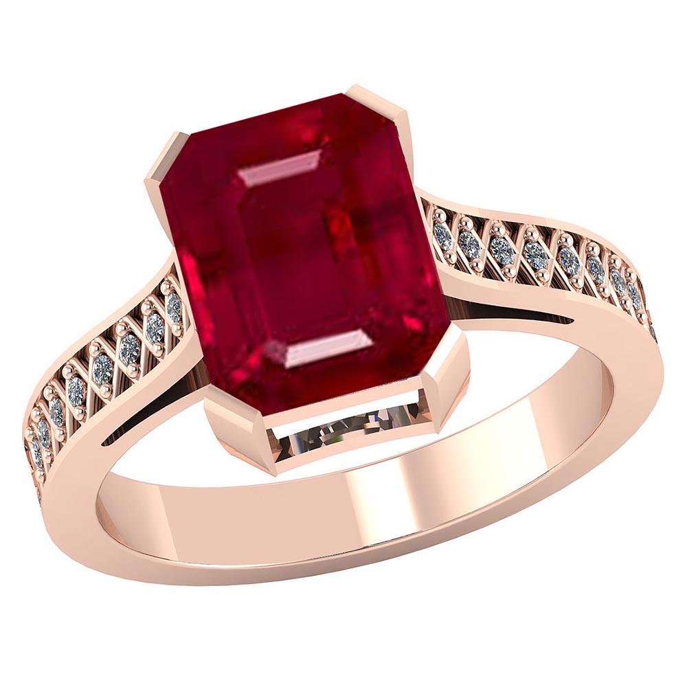 Certified 2.85 CTW Genuine Ruby And Diamond 14K Rose Go: Certified 2.85 CTW Genuine Ruby And Diamond 14K Rose Gold Ring -- Center Stone 2.45 CTW Emerlad Cut Center Stone Clarity: Center Stone Color : Genuine Ruby Stone Setting ;Prong Side Stone Clarity;SI1-