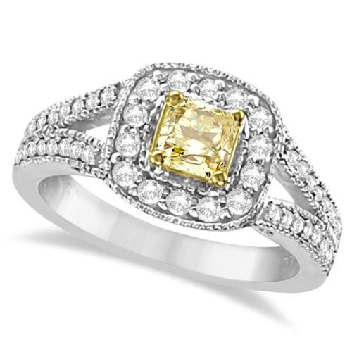 Yellow Diamond Radiant Millgrain-Edge Ring 14k White Go: Yellow Diamond Radiant Millgrain-Edge Ring 14k White Gold 0.90 ctw -- CENTER STONE; Yellow Diamond CENTER STONE CLARITY; SI CENTER STONE COLOR; Yellow CENTER STONE SETTING; Prong SIDE STONE CLARITY; S