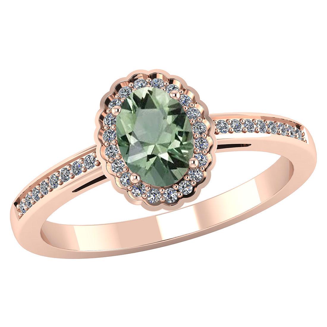 Certified 1.60 CTW Genuine Green Amethyst And Diamond 1: Certified 1.60 CTW Genuine Green Amethyst And Diamond 14K Rose Gold Ring -- Center Stone 1.24 CTW Oval Center Stone Clarity:SI1-SI2 Center Stone Color: Genuine Green Amethyst Stone Setting ;Prong Side