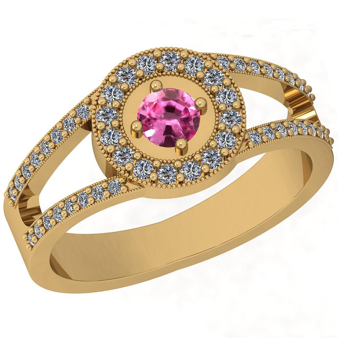 Certified 0.65 Ctw VS/SI1 Pink Sapphire And Diamond 14K: Certified 0.65 Ctw VS/SI1 Pink Sapphire And Diamond 14K Yellow Gold Ring -- Center Stone Approx Weight: 0.25 Ctw (Round Cut) Center Stone Color: Pink Sapphire Center Stone Setting: Prong Side Stone 0.