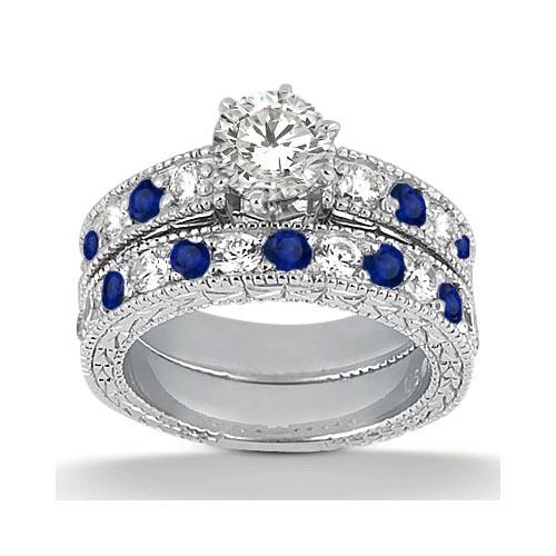 Antique style Diamond and Blue Sapphire Bridal Set plat: Antique style Diamond and Blue Sapphire Bridal Set platinum 1.80ctw -- CENTER STONE 1.00 CTW; Sapphire,Diamond CENTER STONE CLARITY; Eye Clean#SI1-SI2 CENTER STONE COLOR; Blue,J-K CENTER STONE SETTING