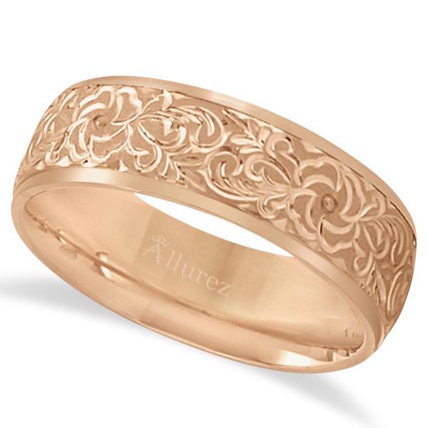 Hand-Engraved Flower Wedding Ring Wide Band 14k Rose Go: Hand-Engraved Flower Wedding Ring Wide Band 14k Rose Gold 7mm -- CENTER STONE; CENTER STONE CLARITY; CENTER STONE COLOR; CENTER STONE SETTING; SIDE STONE CLARITY; SIDE STONE COLOR; SIDE STONE SETTING;