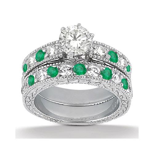 1.75Ctw Antique style Diamond &Emerald Bridal Set 14kw: Antique style Diamond and Emerald Bridal Set 14k White Gold 1.75ctw -- CENTER STONE 0.90 ctw ; Emerald,Diamond CENTER STONE CLARITY; Eye Clean#SI1-SI2 CENTER STONE COLOR; Pink,J-K CENTER STONE SETTING