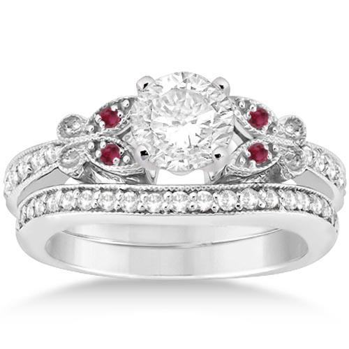 Butterfly Diamond and Ruby Bridal Set Platinum 1.42ctw: Butterfly Diamond and Ruby Bridal Set Platinum 1.42ctw -- CENTER STONE; Ruby,Diamond (Diamond Center 1.00 cttw) CENTER STONE CLARITY; Eye Clean#SI1-SI2 CENTER STONE COLOR; Red,J-K CENTER STONE SETTING