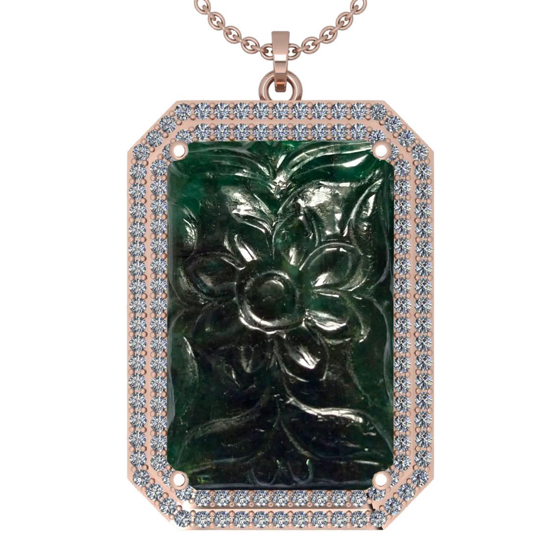 103.57 Ctw SI2/I1 Emerald And Diamond 14K Rose Gold Vin: 103.57 Ctw SI2/I1 Emerald And Diamond 14K Rose Gold Vintage Style Necklace -- Center Stone Weight : 100.00 Ctw (Carving Emerald ) Center Stone Color :-Emerald Stone Setting : Prong Side Stone Weight O