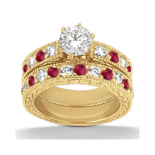 1.80 Ctw SI1/SI2 Diamond and Ruby Bridal Set 14k Yellow: Antique style Diamond and Ruby Bridal Set 14k Yellow Gold 1.80ctw -- CENTER STONE1.00 Ctw ; Ruby,Diamond CENTER STONE CLARITY; Eye Clean#SI1-SI2 CENTER STONE COLOR; Red,J-K CENTER STONE SETTING; Pave,