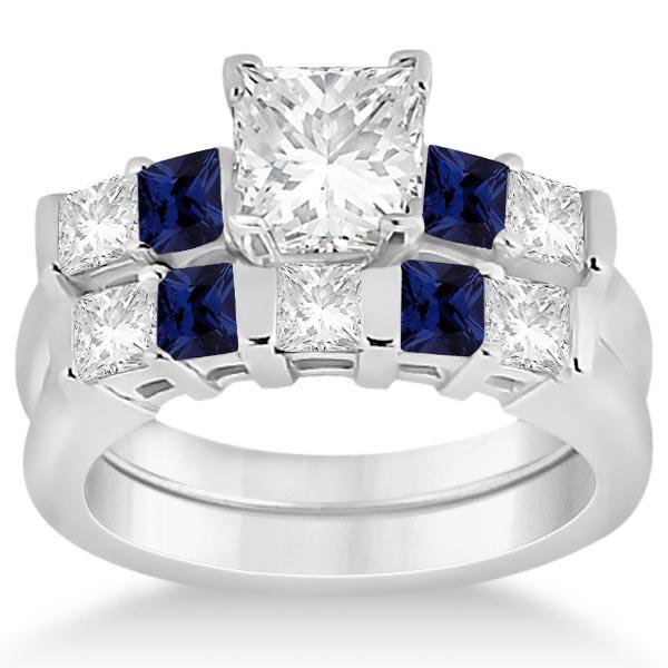 1.46 ctw Diamond and Blue Sapphire Bridal Set 14K White: 5 Stone Diamond and Blue Sapphire Bridal Set 14K White Gold 1.46ctw -- CENTER STONE1.00 ctw ; Diamond,Blue Sapphire CENTER STONE CLARITY; VS1-SI2#Eye Clean CENTER STONE COLOR; J-K,Blue CENTER STONE SE