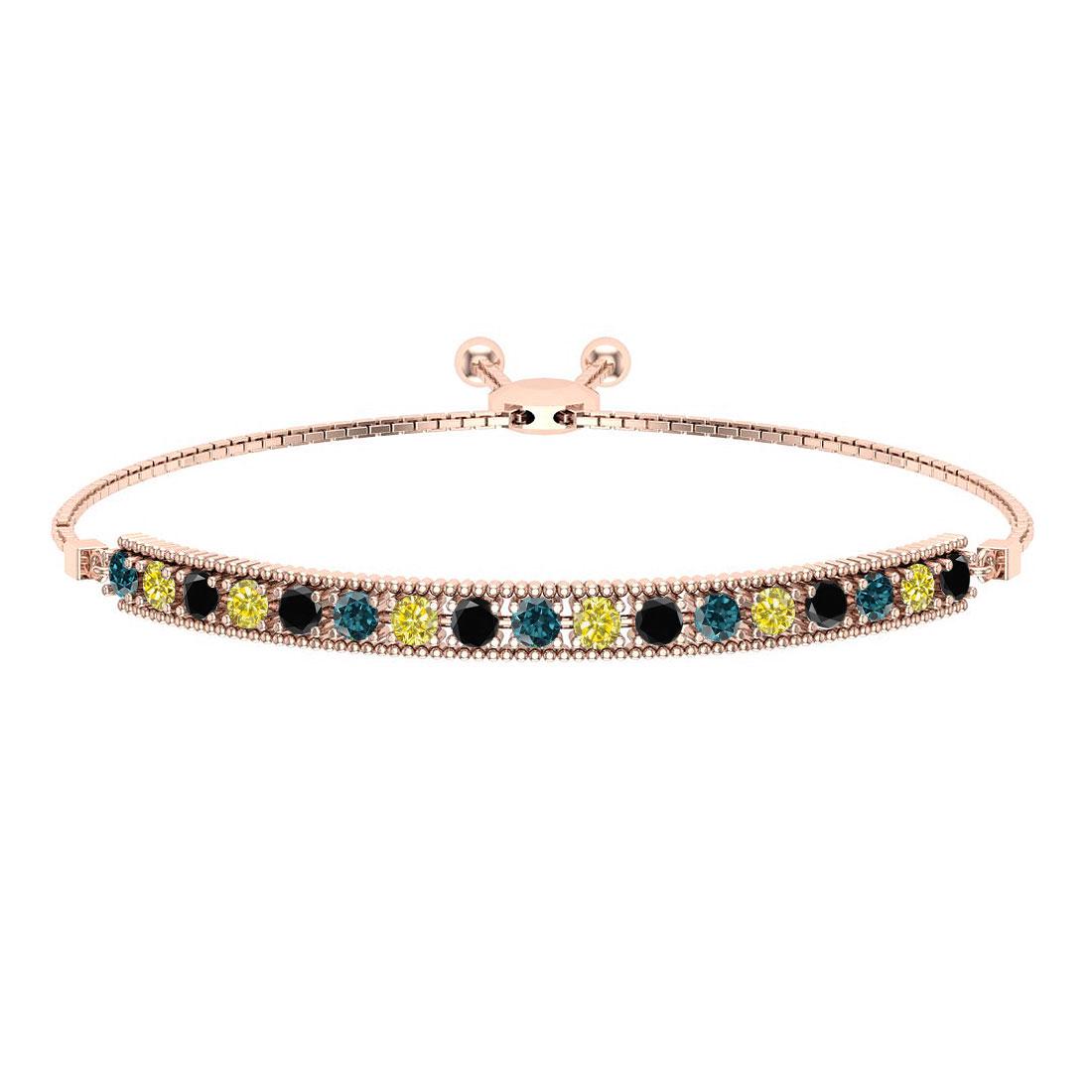 0.50 Ctw I2/I3 Multi Diamond14K Rose Gold Slide Bracele: 0.50 Ctw I2/I3 Multi Diamond14K Rose Gold Slide Bracelet -- Center Diamond Weight : 0.50 Ctw (Round Cut) Center Diamond Color :- Treated Fancy Blue black yellow diamond Center Clarity : I2/I3 Stone Se