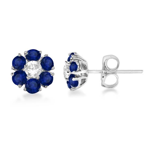 Diamond and Sapphire Flower Cluster Earrings 14K White: Diamond and Sapphire Flower Cluster Earrings 14K White Gold 1.91ctw -- CENTER STONE; Blue Sapphire CENTER STONE CLARITY; Eye Clean CENTER STONE COLOR; Blue CENTER STONE SETTING; Prong SIDE STONE CLARI
