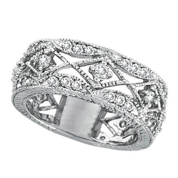 Antique style Style Diamond Ring Filigree Band in 14k W: Antique style Style Diamond Ring Filigree Band in 14k White Gold 1.00ctw -- CENTER STONE; Diamond CENTER STONE CLARITY; SI CENTER STONE COLOR; J-K CENTER STONE SETTING; Prong SIDE STONE CLARITY; SIDE
