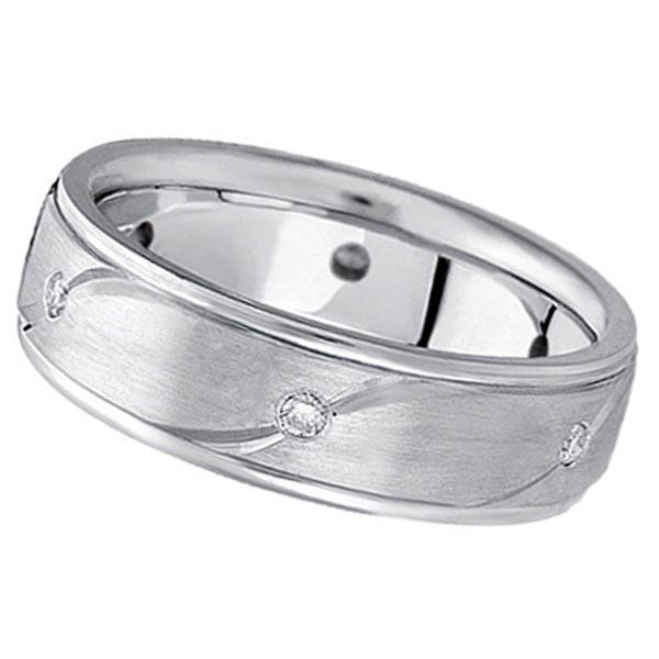 Mens Burnished Diamond Wedding Ring in platinum 0.18 ct: Mens Burnished Diamond Wedding Ring in platinum 0.18 ctw -- CENTER STONE; Diamond CENTER STONE CLARITY; SI1 CENTER STONE COLOR; J-K CENTER STONE SETTING; Burnish SIDE STONE CLARITY; SIDE STONE COLOR;