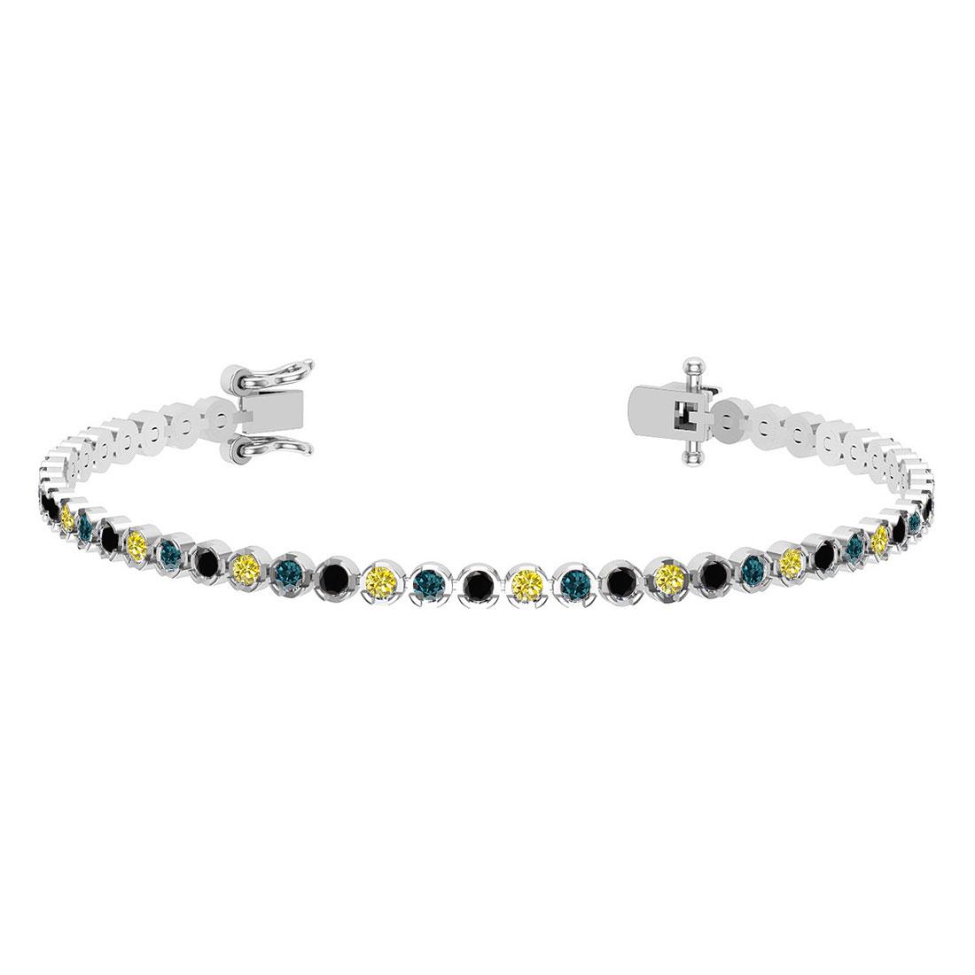2.60 Ctw I2/I3 Multi Diamond14K White Gold Bracelet: 2.60 Ctw I2/I3 Multi Diamond14K White Gold Bracelet -- Center Diamond Weight : 2.60 Ctw (Round Cut) Center Diamond Color :- Treated Fancy Blue black yellow diamond Center Clarity : I2/I3 Stone Setting