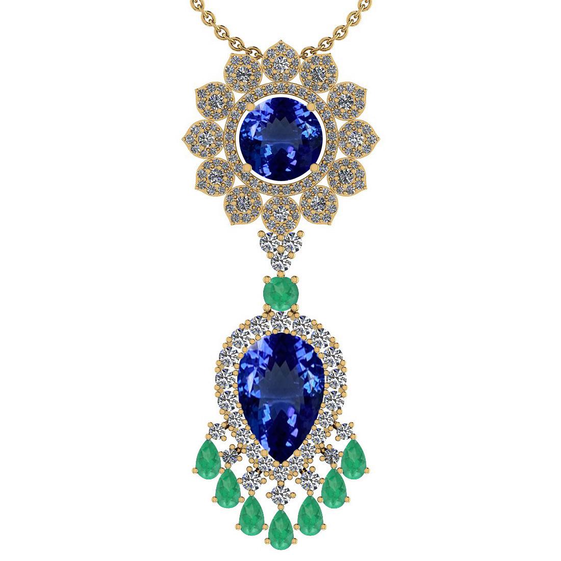 Certified 15.49 Ctw VS/SI1 Tanzanite,Emerald And Diamon: Certified 15.49 Ctw VS/SI1 Tanzanite,Emerald And Diamond 14K Yellow Gold Vintage Style Necklace -- Center Stone Approx Weight: 10.57 Ctw (Pear& Round Cut ) Center Stone Color: Tanzanite Center Stone S
