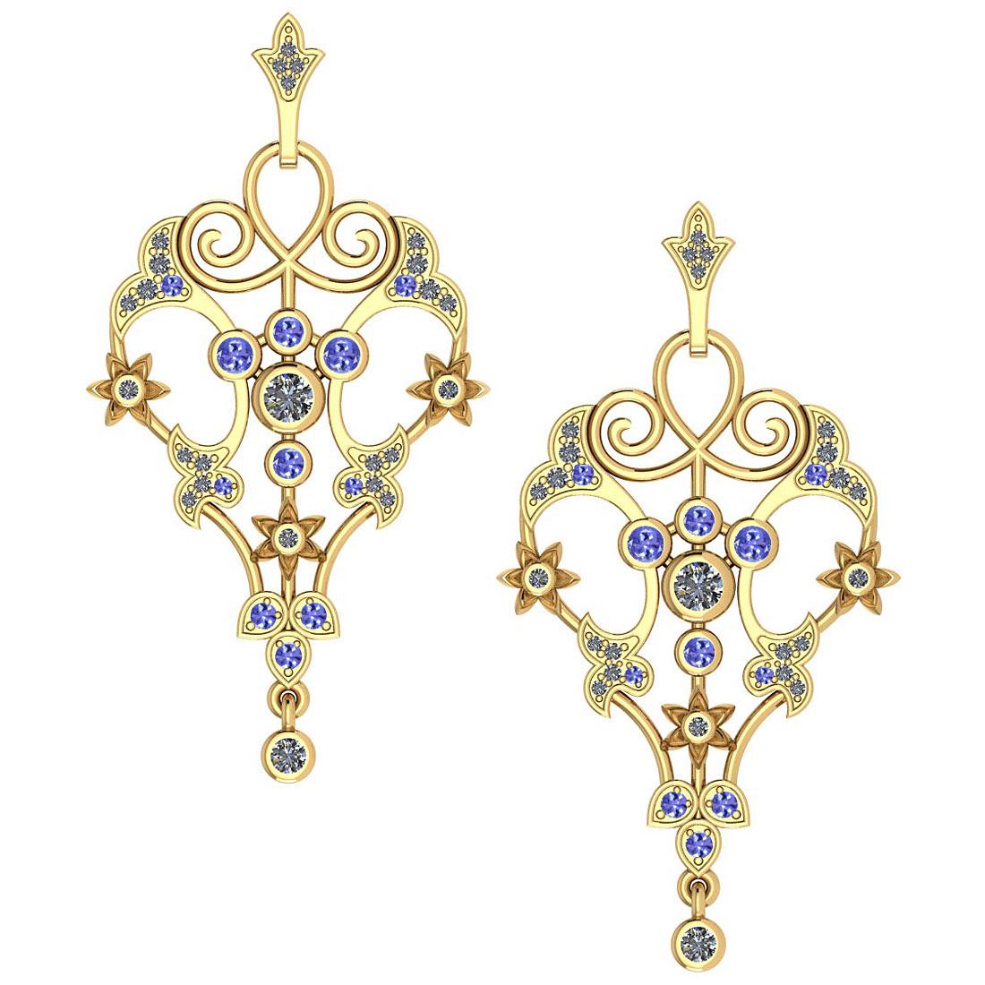 Certified 0.61 Ctw I2/I3 Tanzanite And Diamond 14K Yell: Certified 0.61 Ctw I2/I3 Tanzanite And Diamond 14K Yellow Gold Victorian Style Earrings -- Center Approx Weight: 0.13 Ctw (Round Cut) Center Color: J-K Center Stone Clarity: I2/I3 Stone Setting: Prong