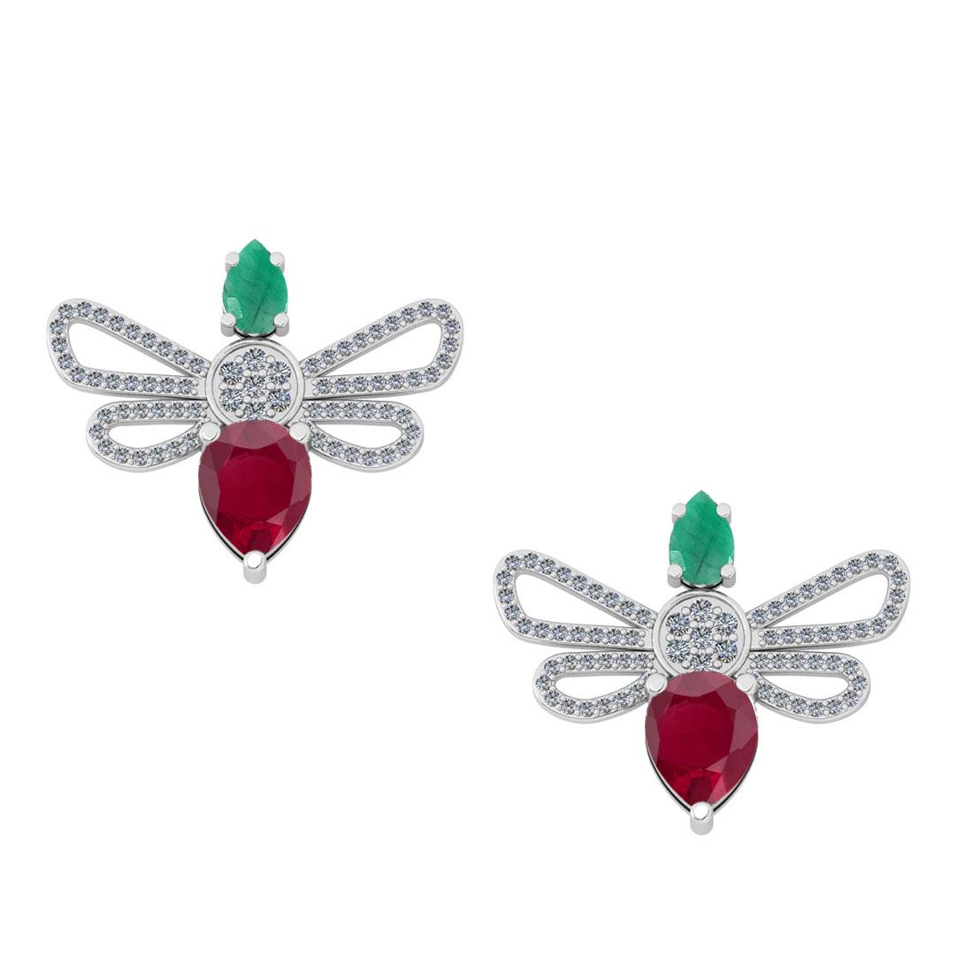 5.85 Ctw SI2/I1 Multi Stone And Diamond 14K White Gold: 5.85 Ctw SI2/I1 Multi Stone And Diamond 14K White Gold Creature Earrings -- Multi Stone Weight : 5.00 Ctw ( Pear Cut ) Multi Stone Color : Ruby,Emerald Multi Stone Setting : Prong Side Stone Weight Of