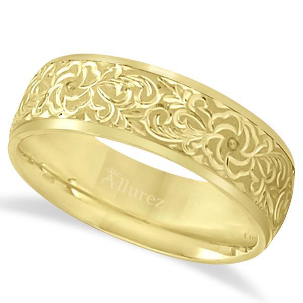 Hand-Engraved Flower Wedding Ring Wide Band 14k Yellow: Hand-Engraved Flower Wedding Ring Wide Band 14k Yellow Gold 7mm -- CENTER STONE; CENTER STONE CLARITY; CENTER STONE COLOR; CENTER STONE SETTING; SIDE STONE CLARITY; SIDE STONE COLOR; SIDE STONE SETTIN