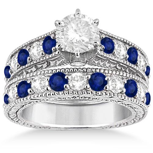 Antique style Diamond and Sapphire Bridal Ring Set in P: Antique style Diamond and Sapphire Bridal Ring Set in Platinum 2.87ctw -- CENTER STONE 1.00 Ctw ; Blue Sapphire CENTER STONE CLARITY; Eye Clean CENTER STONE COLOR; Blue CENTER STONE SETTING; Bead SIDE