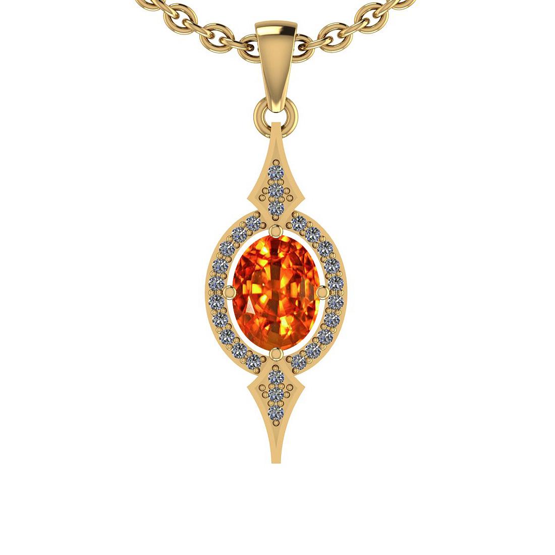 Certified 1.60 Ctw SI2/I1 Orange Sapphire And Diamond 1: Certified 1.60 Ctw SI2/I1 Orange Sapphire And Diamond 14K Yellow Gold Vintage Style Necklace -- Center Stone Weight : 1.45 Ctw (Oval Cut) Center Stone Color :-Orange Sapphire Center Stone Setting : Pr