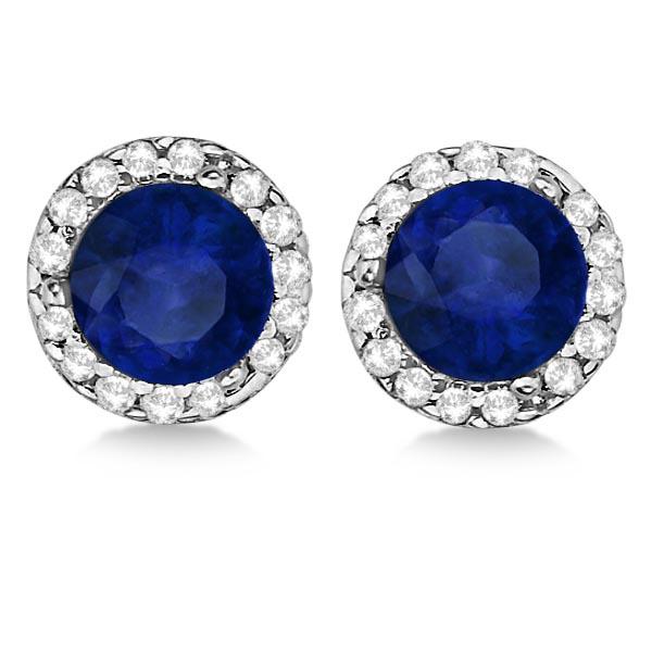 Diamond and Blue Sapphire Earrings Halo 14K White Gold: Diamond and Blue Sapphire Earrings Halo 14K White Gold 1.15tcw -- CENTER STONE; Sapphire CENTER STONE CLARITY; CENTER STONE COLOR; Blue CENTER STONE SETTING; Prong SIDE STONE CLARITY; SI1-2 SIDE STONE