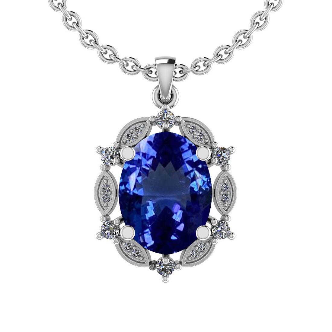 5.02 Ctw VS/SI1 Tanzanite And Diamond 14K White Gold Ne: 5.02 Ctw VS/SI1 Tanzanite And Diamond 14K White Gold Necklace -- Center Stone Approx Weight: 4.80 Ctw (Oval Cut) Center Stone Color: Tanzanite Center Stone Setting: Prong Side Stone 0.22 Ctw Side Ston