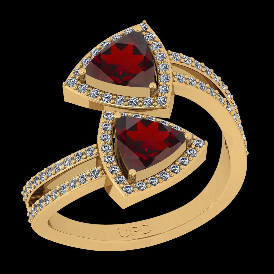 Certified 1.56 Ctw I2/I3 Garnet And Diamond 10K Yellow: Certified 1.56 Ctw I2/I3 Garnet And Diamond 10K Yellow Gold Bypass Style Ring -- Center Stone Approx Weight: 1.16 Ctw (Trillion Cut) Center Stone Color: Garnet Center Stone Setting: Prong Side Stone 0