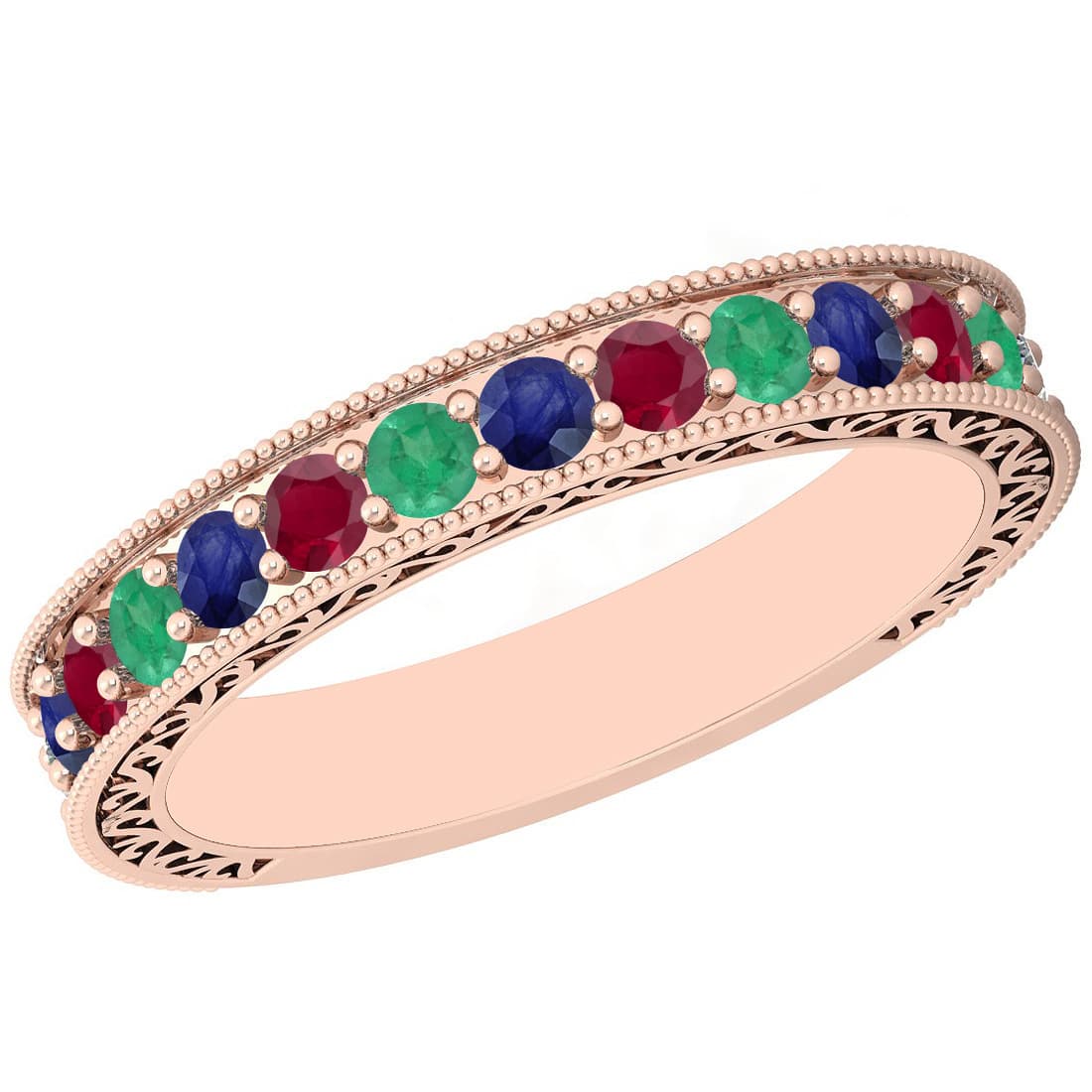 Certified 0.83 Ctw Multi Emerald,Ruby,Sapphire 14K Rose: Certified 0.83 Ctw Multi Emerald,Ruby,Sapphire 14K Rose Gold Filigree Style Band Ring -- Multi Stone Approx Weight: 0.83 Ctw (Round Cut) Multi Stone Color: Emerald,Ruby,Sapphire Multi Stone Setting: P
