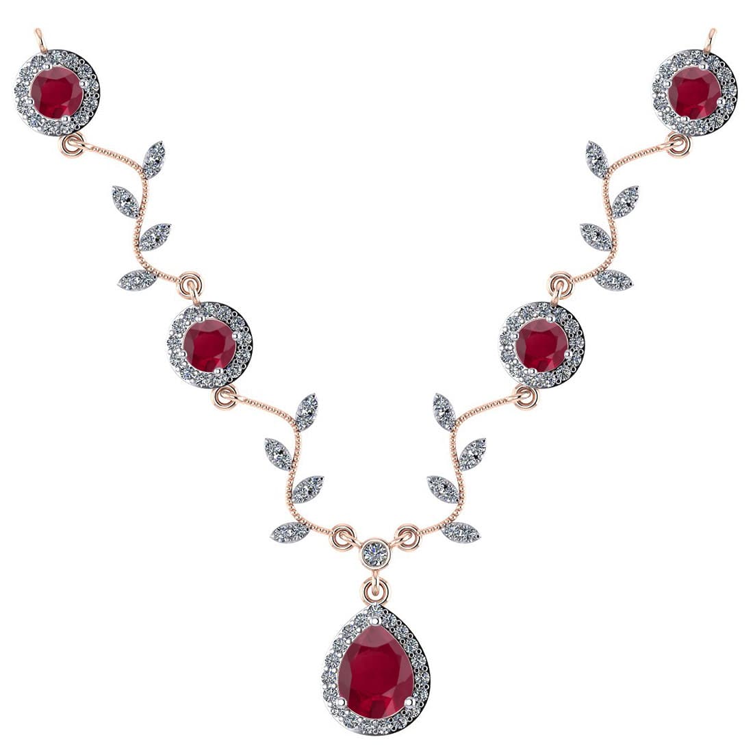 Certified 12.79 Ctw SI2/I1 Ruby And Diamond 14K Rose Ne: Certified 12.79 Ctw SI2/I1 Ruby And Diamond 14K Rose Necklace -- Center Stone Weight: 10.12 Ctw (Pear & Round Cut) Center Stone Color: Ruby Center Stone Setting: Prong Side Stone 2.67 Ctw Side Stone C