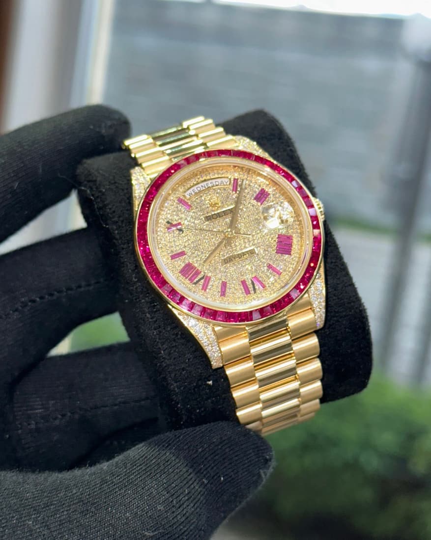 Custom Rolex DayDate 40mm 18k Yellow Gold w/ Ruby and D: Custom Rolex DayDate 40mm 18k Yellow Gold w/ Ruby and Diamond (G-H, VS1-VS2) Comes with Box & Appraisal -- Custom Rolex DayDate 40mm 18k Yellow Gold w/ Ruby and Diamond (G-H, VS1-VS2) Comes with Box &
