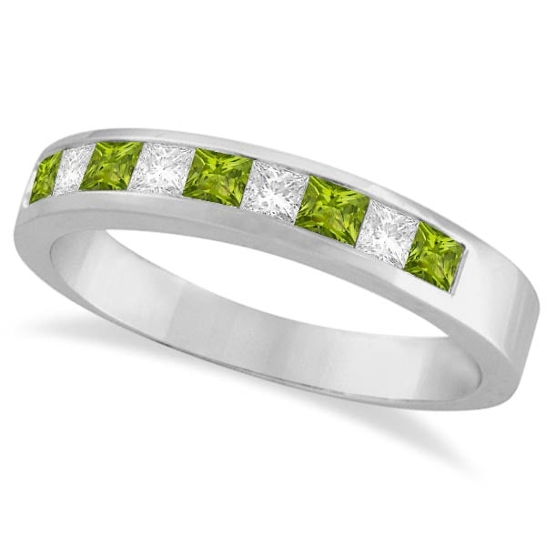 Princess Channel-Set Diamond and Peridot Ring Band 14K: Princess Channel-Set Diamond and Peridot Ring Band 14K White Gold -- CENTER STONE0.23Ctw; Peridot CENTER STONE CLARITY; CENTER STONE COLOR; Green CENTER STONE SETTING; Channel SIDE STONE CLARITY; SI S