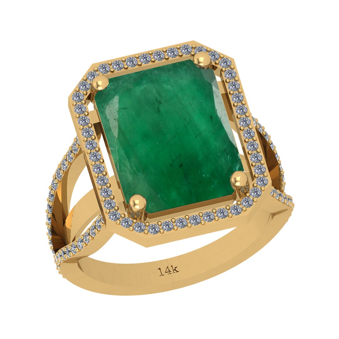 12.71 Ctw VS/SI1 Emerald And Diamond 18K Yellow Gold Vi: 12.71 Ctw VS/SI1 Emerald And Diamond 18K Yellow Gold Vintage Style Ring -- Color Stone Weight : 12.11 Ctw (Emerald Octo Cut ) Center Stone Color : Emerald Center Stone Setting : Prong Side Stone Weigh