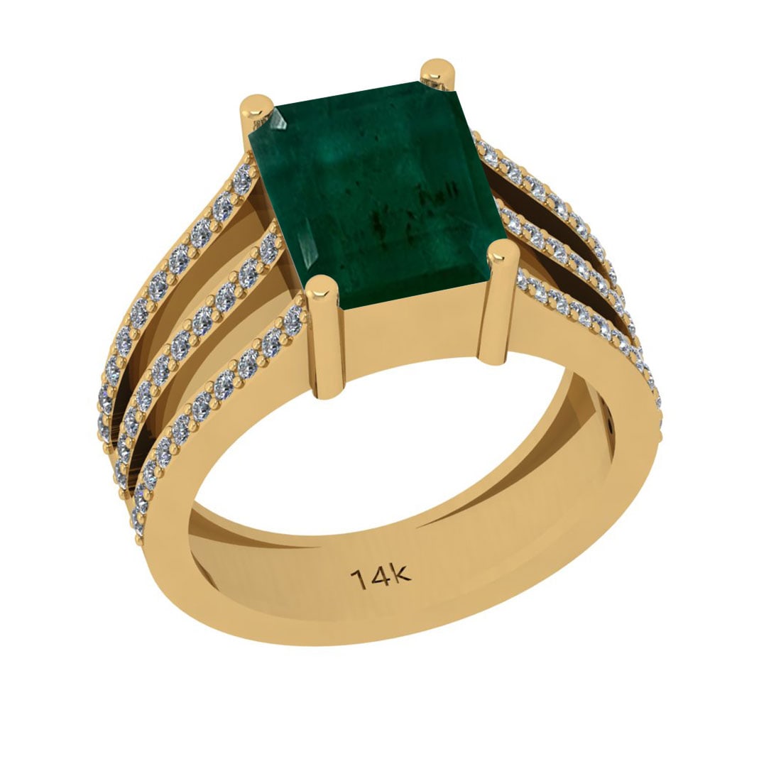 3.20 Ctw SI2/I1 Emerald And Diamond 14K Yellow Gold Eng: 3.20 Ctw SI2/I1 Emerald And Diamond 14K Yellow Gold Engagement Ring -- Center Stone Weight : 2.70 Ctw (Emerald Cut) Center Stone Color : Emerald Cut Stone Setting : Prong Side Stone Weight Of Ctw 0.50