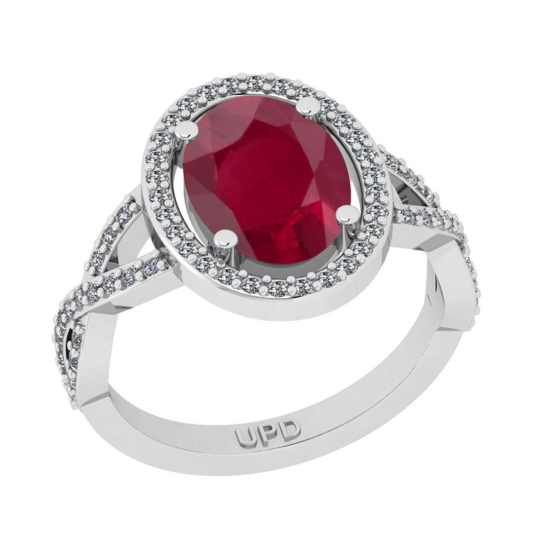 2.90 Ctw SI2/I1Ruby And Diamond 14K White Gold Engageme: 2.90 Ctw SI2/I1Ruby And Diamond 14K White Gold Engagement Halo Ring -- Center Stone Weight : 2.50 Ctw ( Oval Cut) Center Stone Color :-Ruby Stone Setting : Prong Side Stone Weight Of Ctw 0.40 Ctw Side