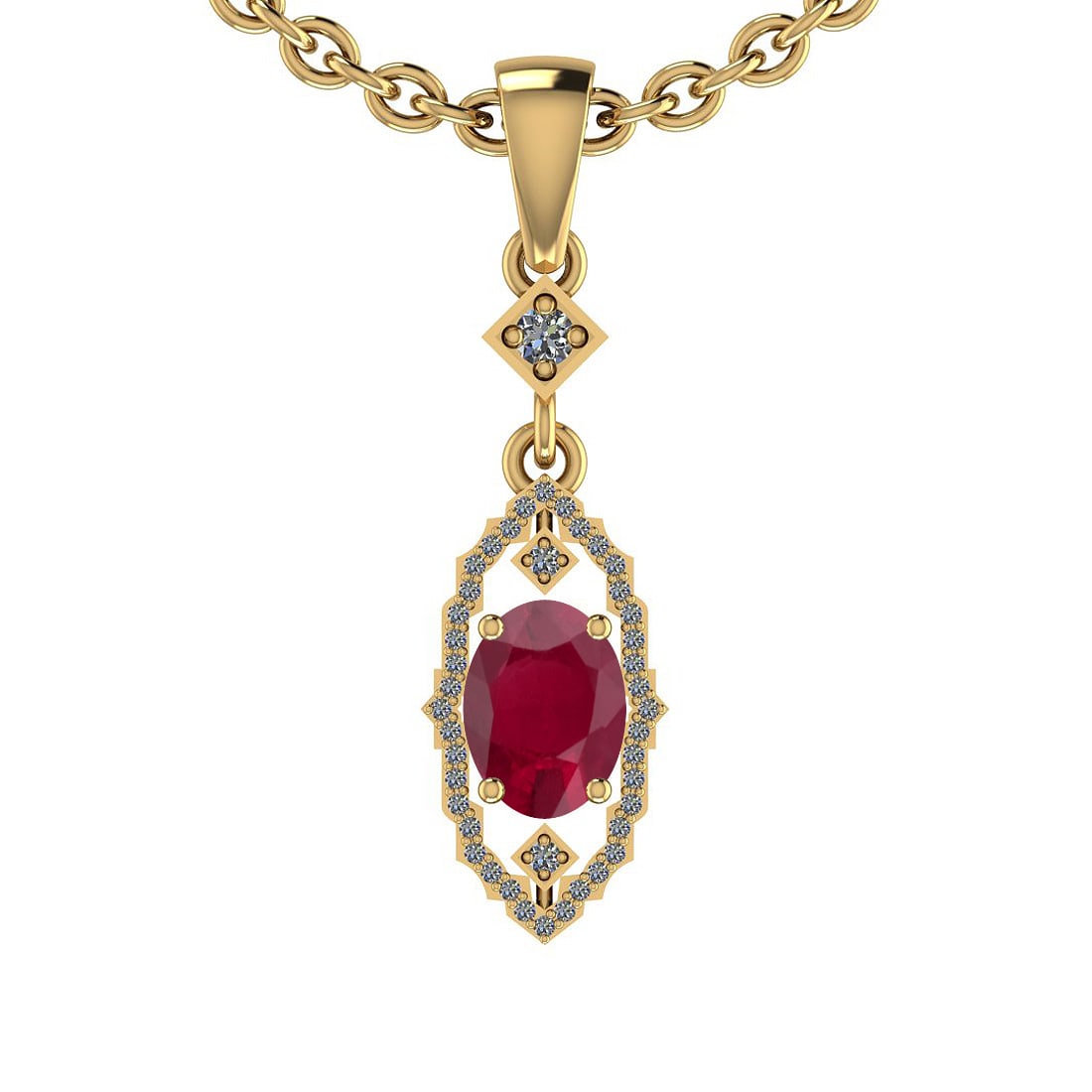 2.17 Ctw SI2/I1 Ruby And Diamond 14K Yellow Gold Vintag: 2.17 Ctw SI2/I1 Ruby And Diamond 14K Yellow Gold Vintage Style Pendant -- Center Stone Weight : 2.00 Ctw (Oval Cut) Center Stone Color :-Ruby Center Stone Setting : Prong Side Stone Weight Of Ctw 0.17